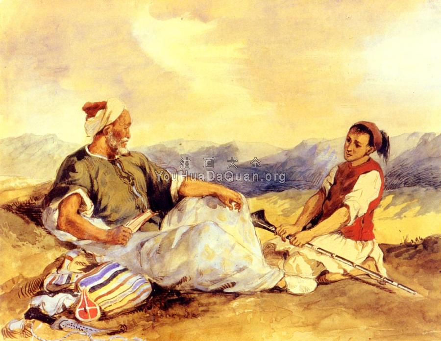 Two Moroccans Seated In The Countryside - 欧仁·德拉克洛瓦